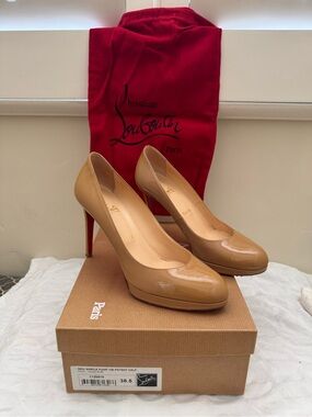 Christian Louboutin Tan Patent Leather Platform Pumps with Red Sole